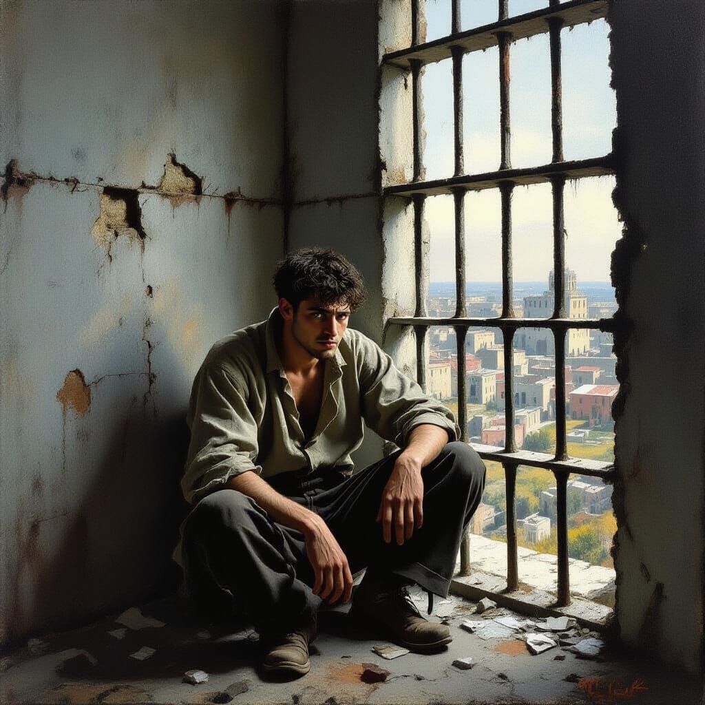 Desolate Prison Cell in Somber Realism Style