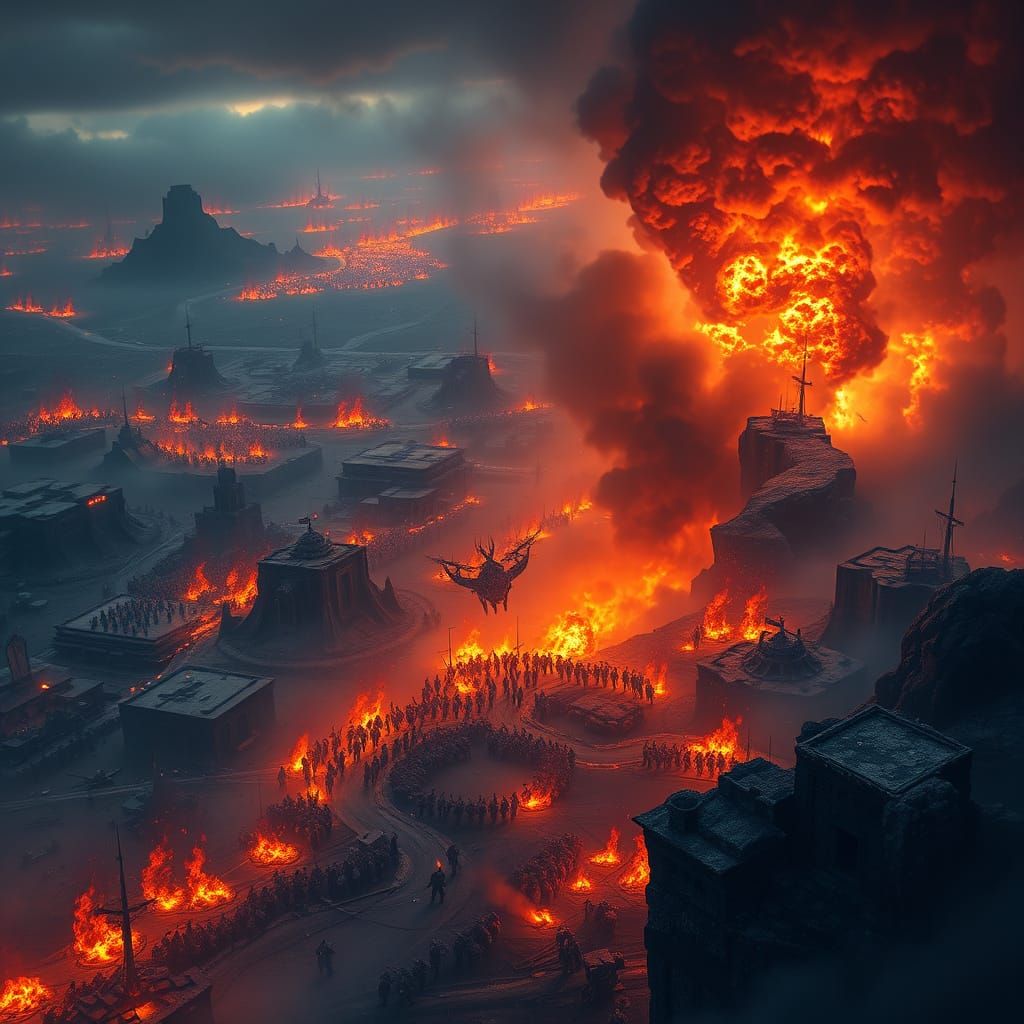 Apocalyptic War from Above in Exquisite Matte Painting Style