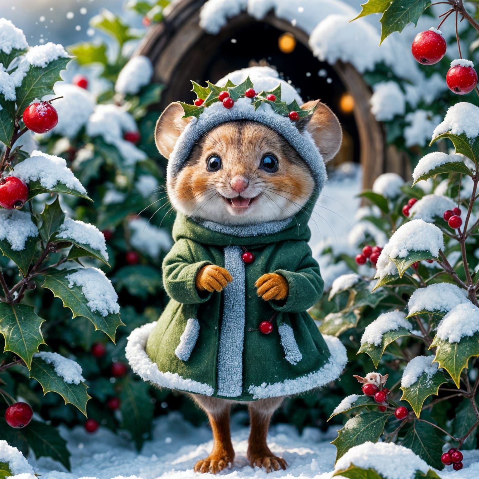 Smiling Winter Mouse in Snowy Garden