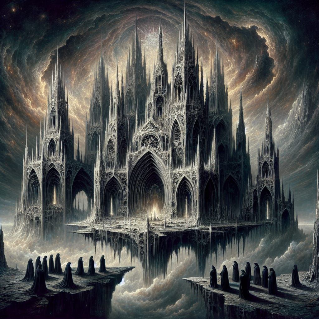 Ethereal Gothic Cathedral Sails Above an Abyss in Cosmic Hor...