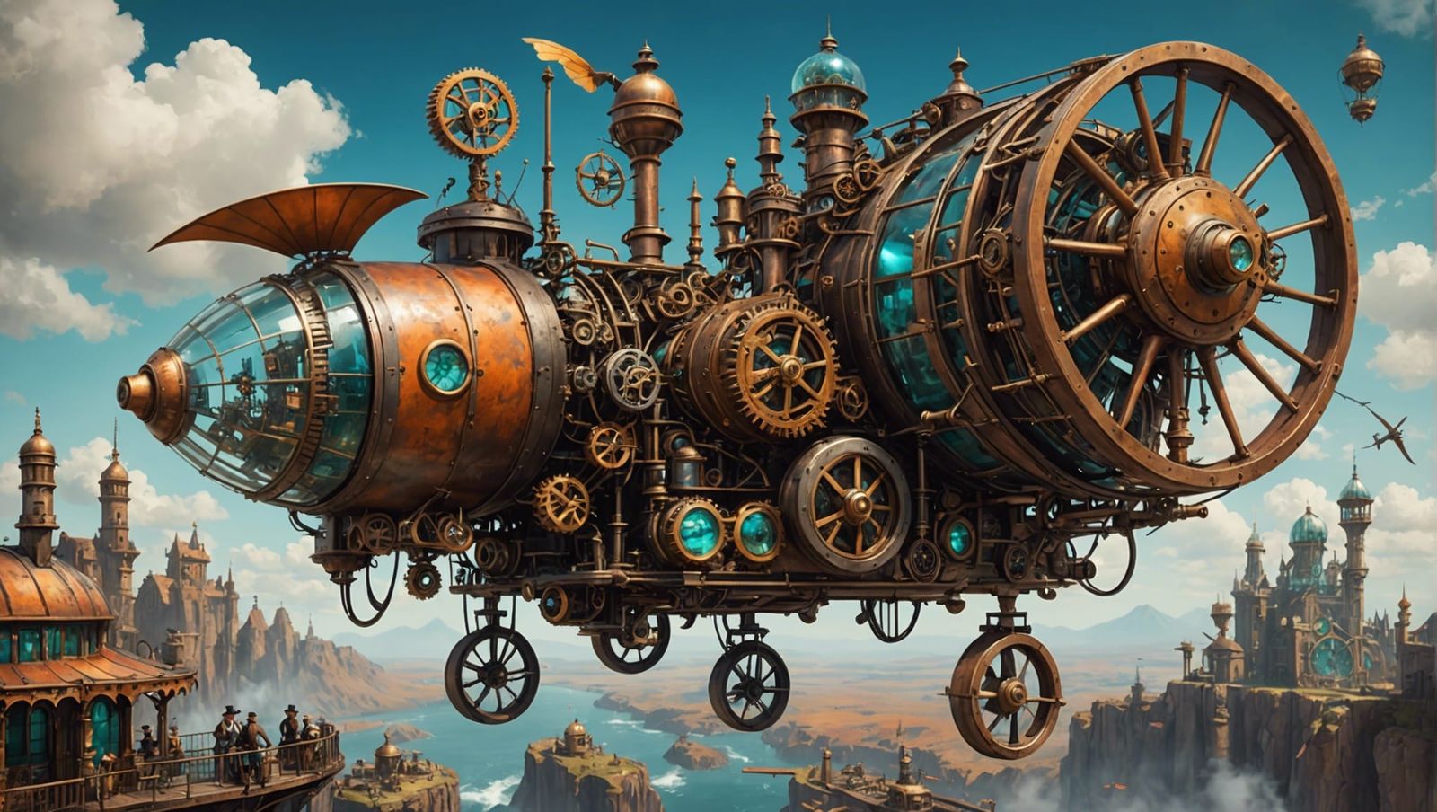 Steampunk Flying Machine Over Mechanical Landscape