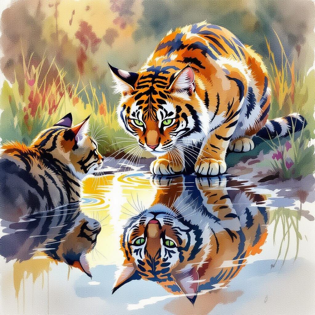 Cat's Reflection Transforms into Tiger in Watercolour