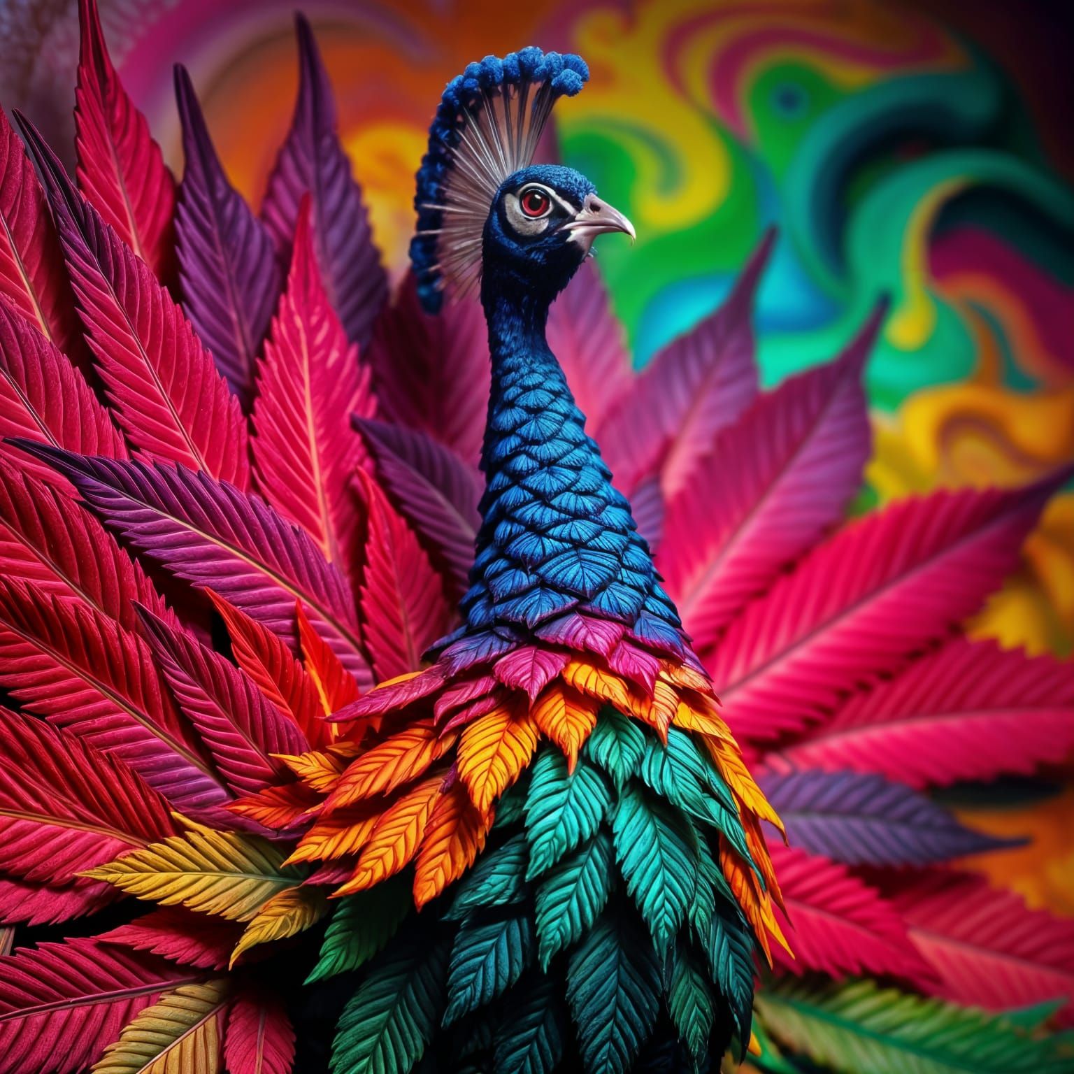 A Vibrant, Cannabis-Leaf Peacock with Glittering Trichomes i...