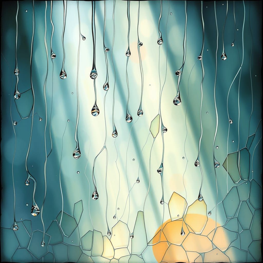 Serene Stained Glass Scene of Gentle Rain