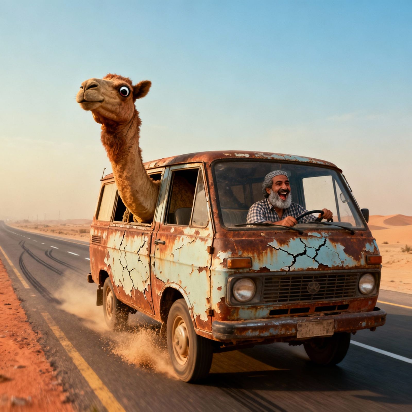 1970s Arabic Highway Van Ride with Surprised Camel