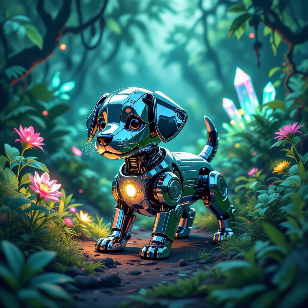 Chrome Puppy Explores Alien Jungle With Bioluminescent Flora