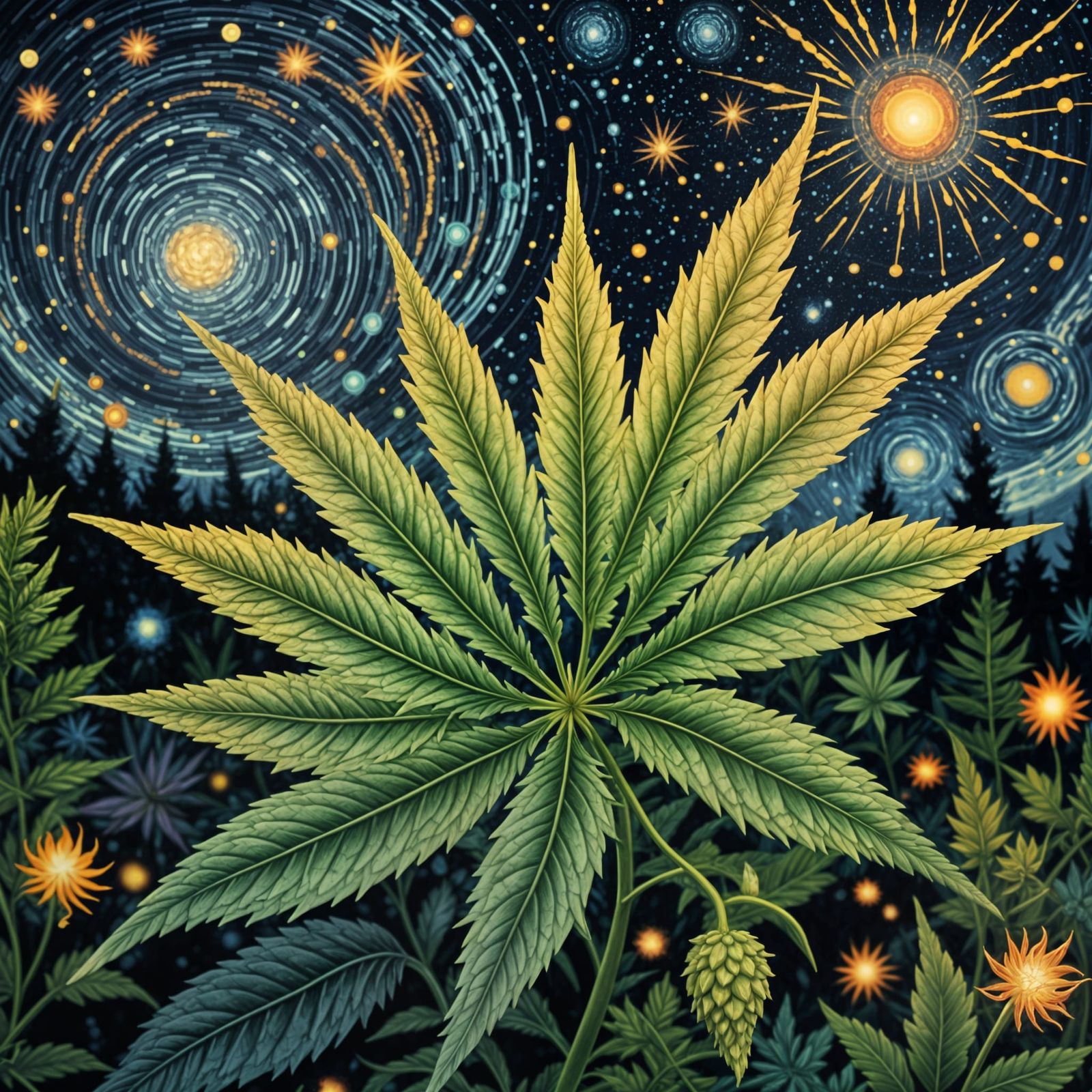 Surreal Cannabis Goddess in Kinetic Pointillism Style