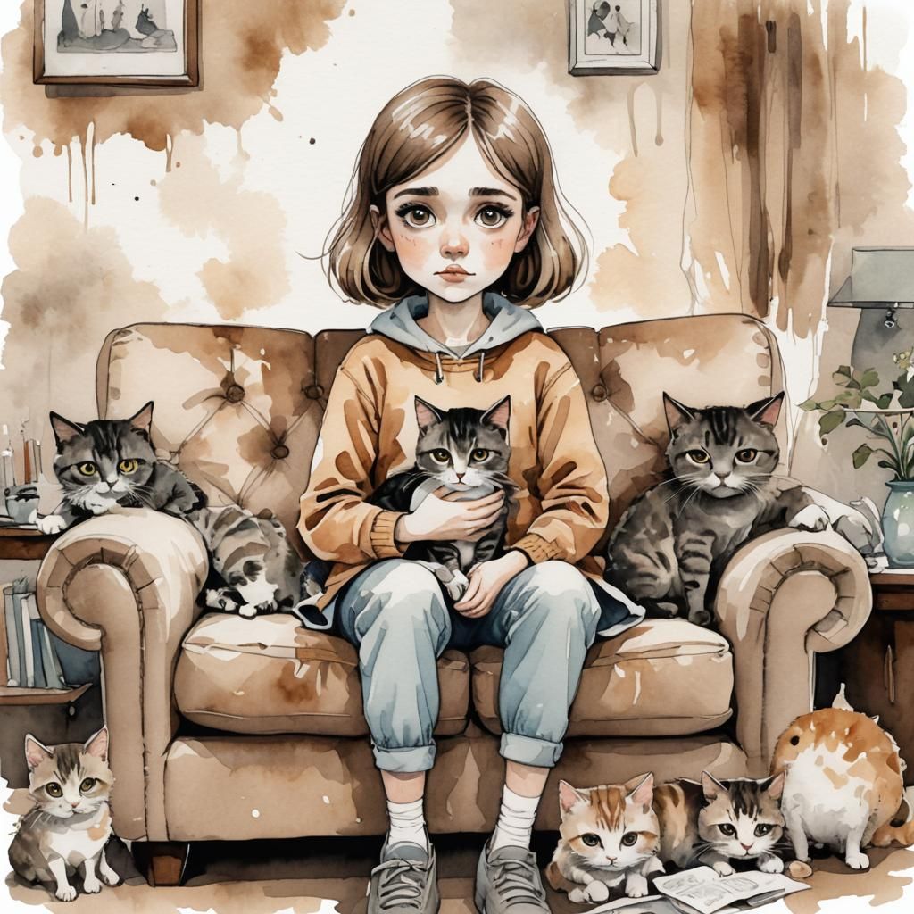 Girl with Cats in Comic Book Watercolor Style