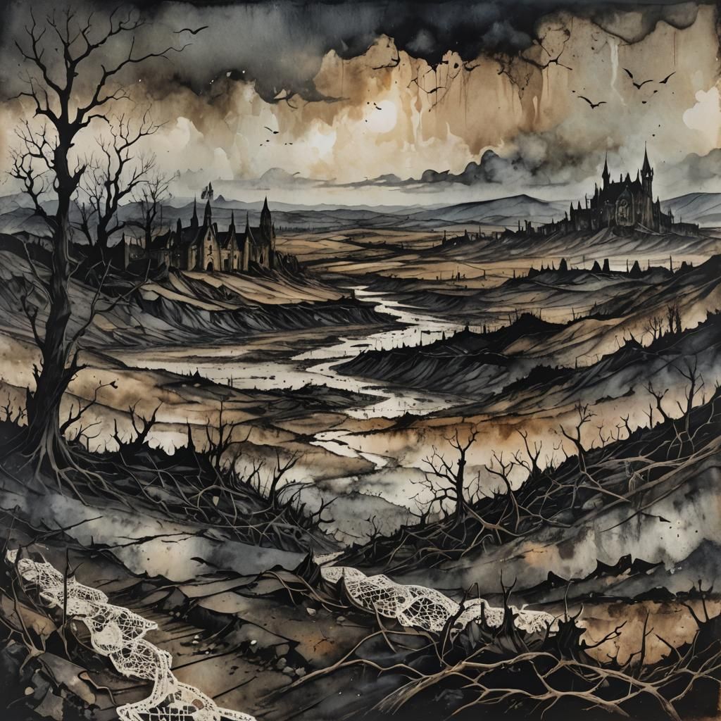 Gothic Wasteland Illustration in Gothic Horror Style