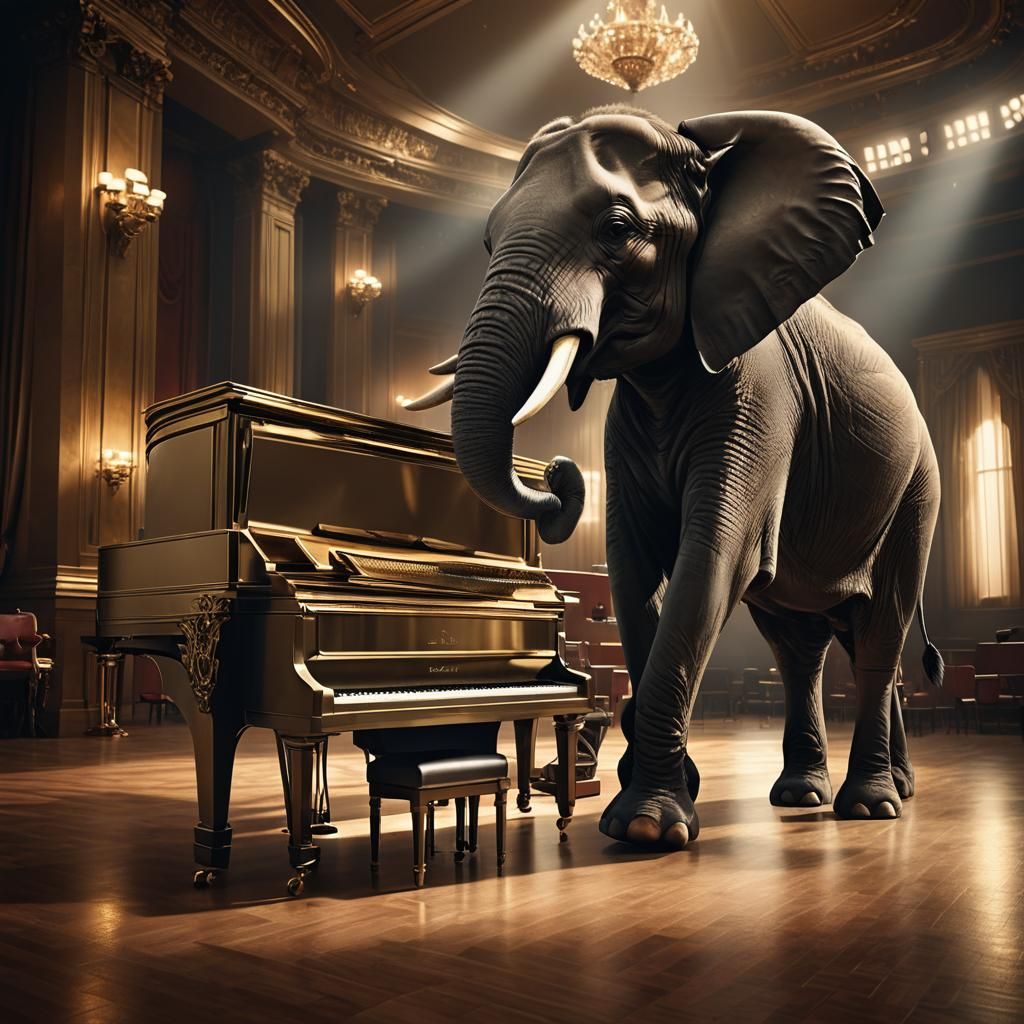 Piano and Elephant in Concert Hall: Hyperrealistic Art