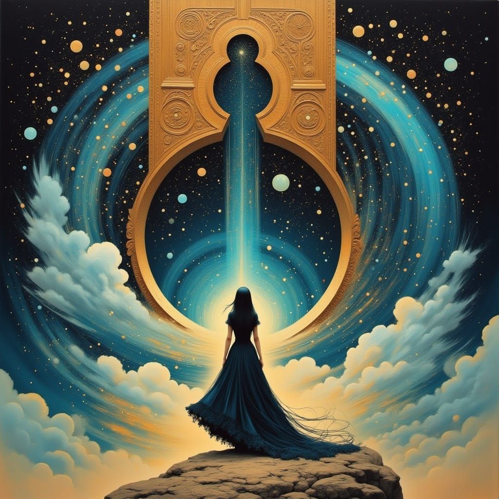 Mysterious Woman Stands Before Celestial Keyhole in Gothic D...