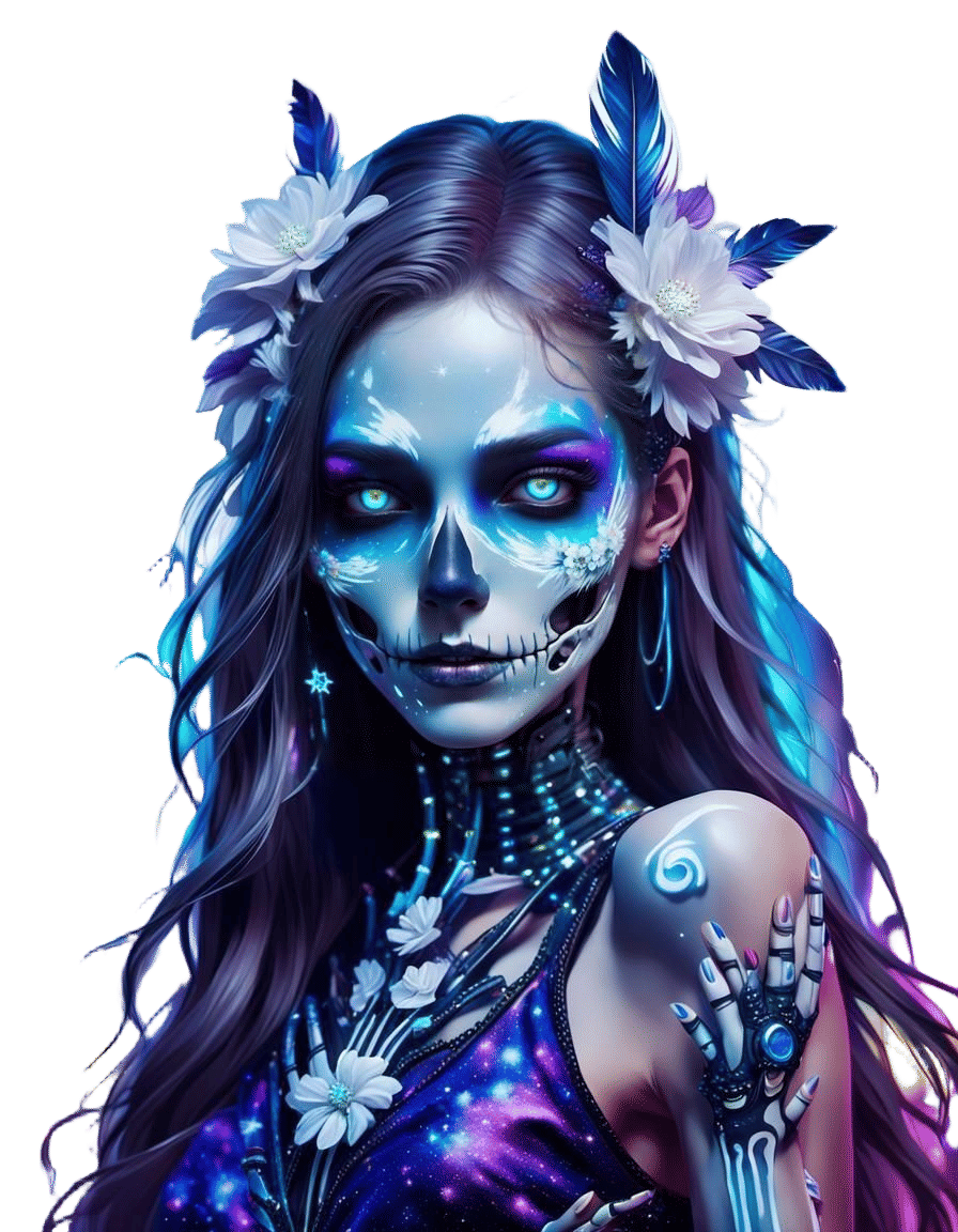 Galactic-Eyed Woman with Flowers in Cyberpunk Style