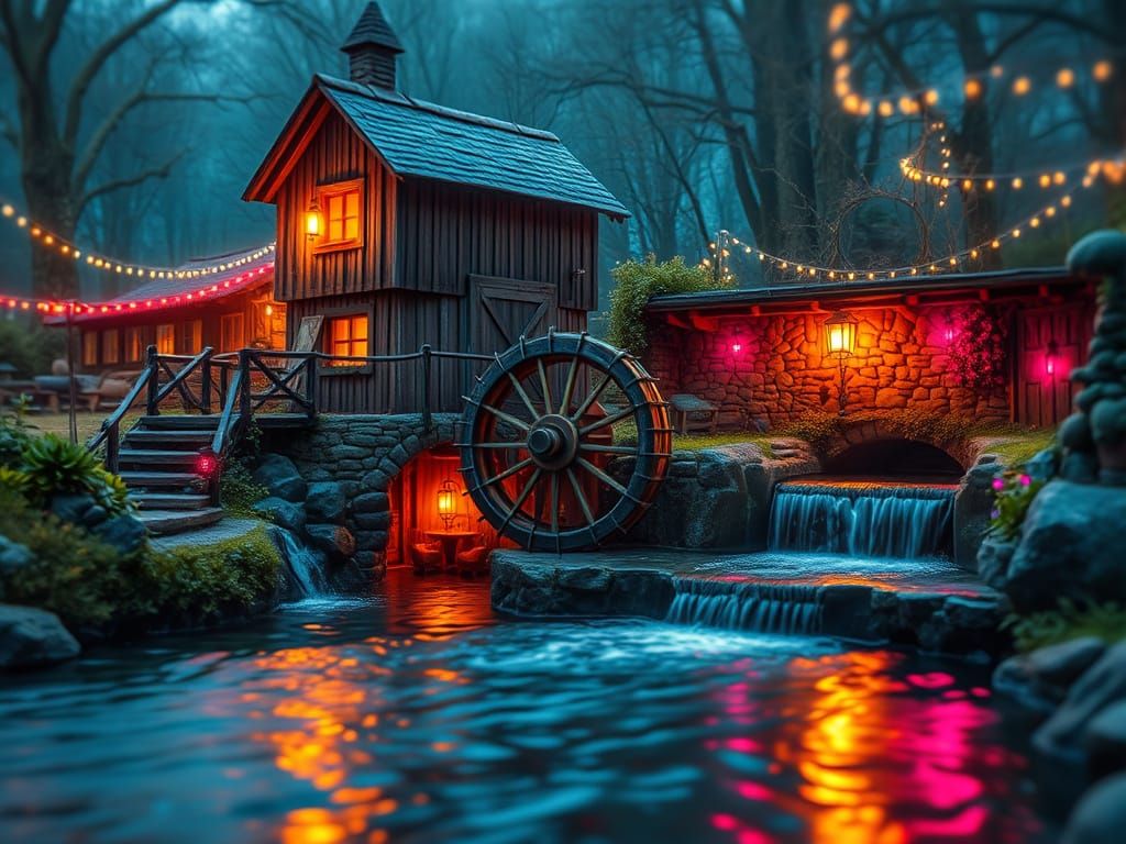 Whimsical Watermill Dreamscape in Hypermaximalist Surrealism