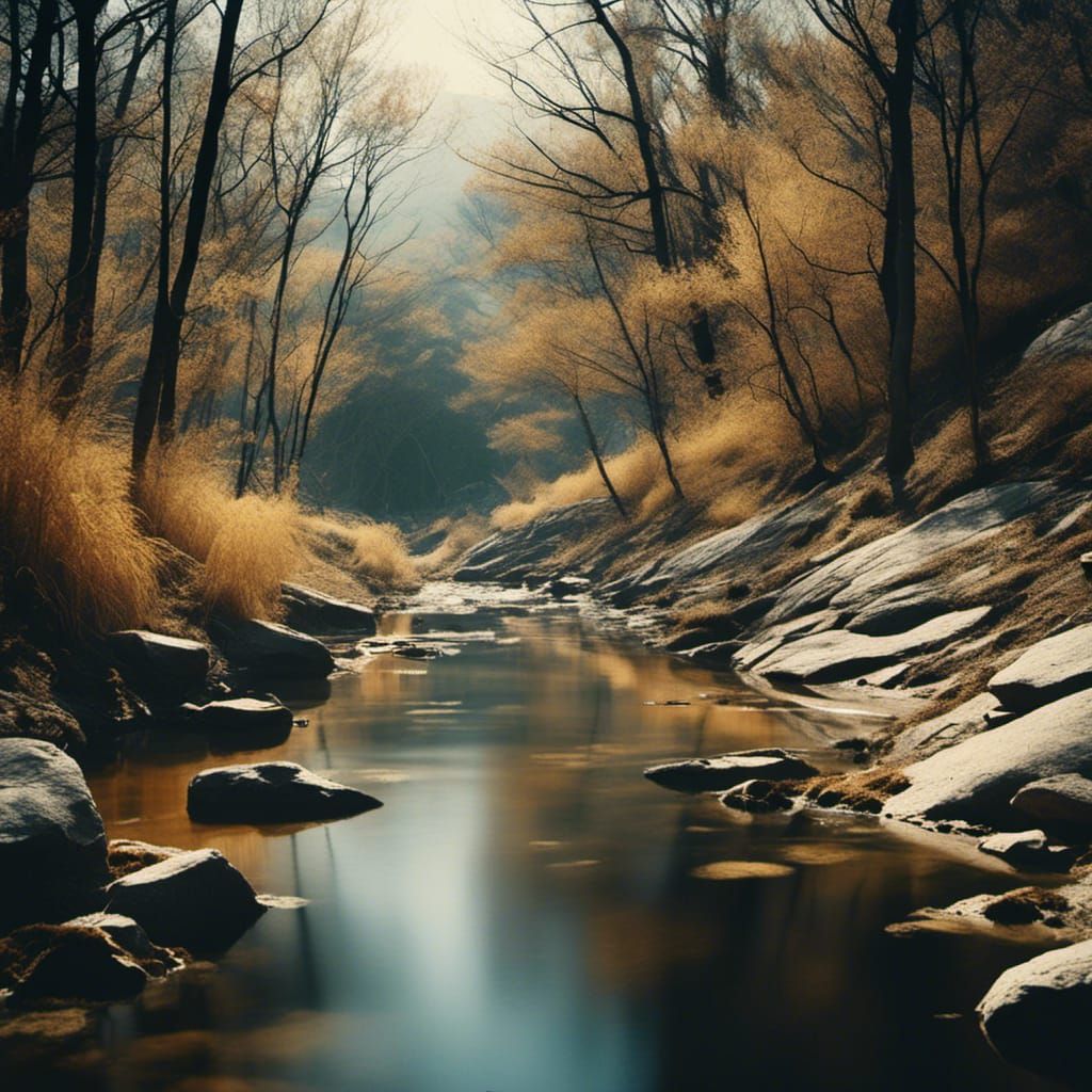 Golden Dawn Landscape with Calm Stream