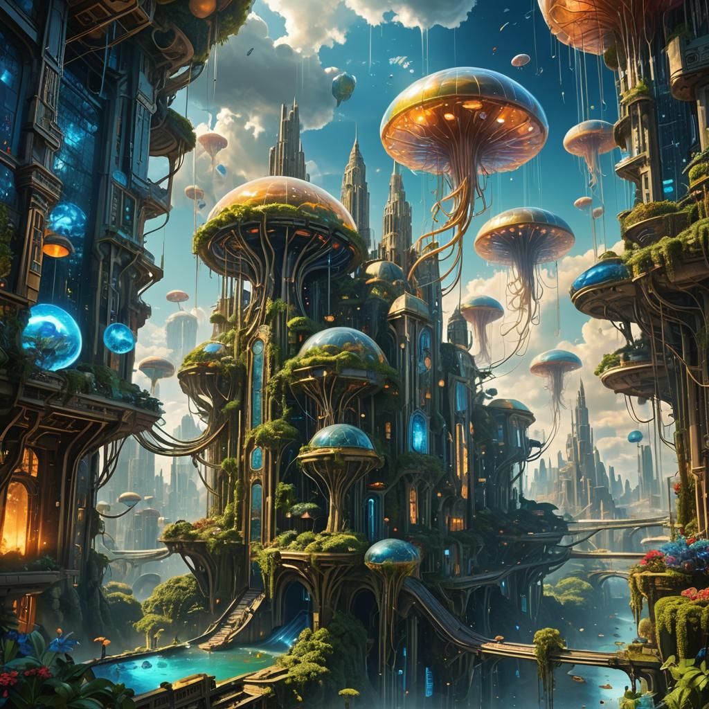 Hopepunk Metropolis with Bioluminescent Flora