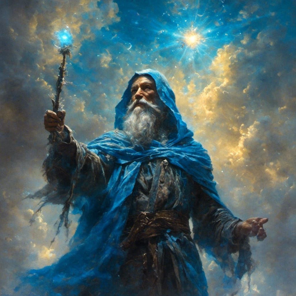 Wizard Casting Blue Light in Fantasy Sky
