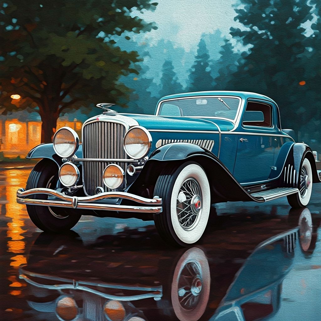 Duesenberg Coupe Glistening on Rainy Evening as Oil Painting