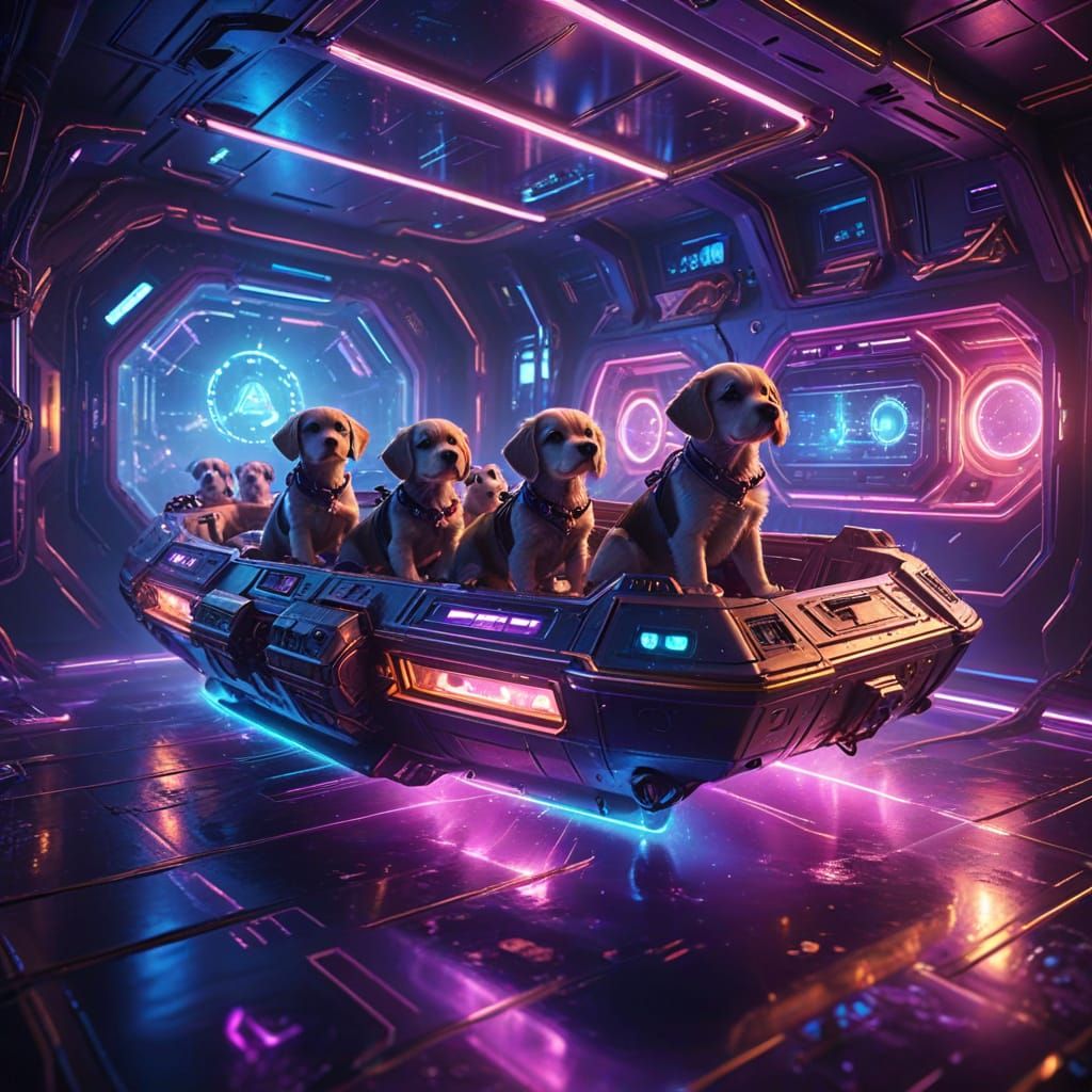 Neon Sci-Fi: Girls and Puppies in Zero-G