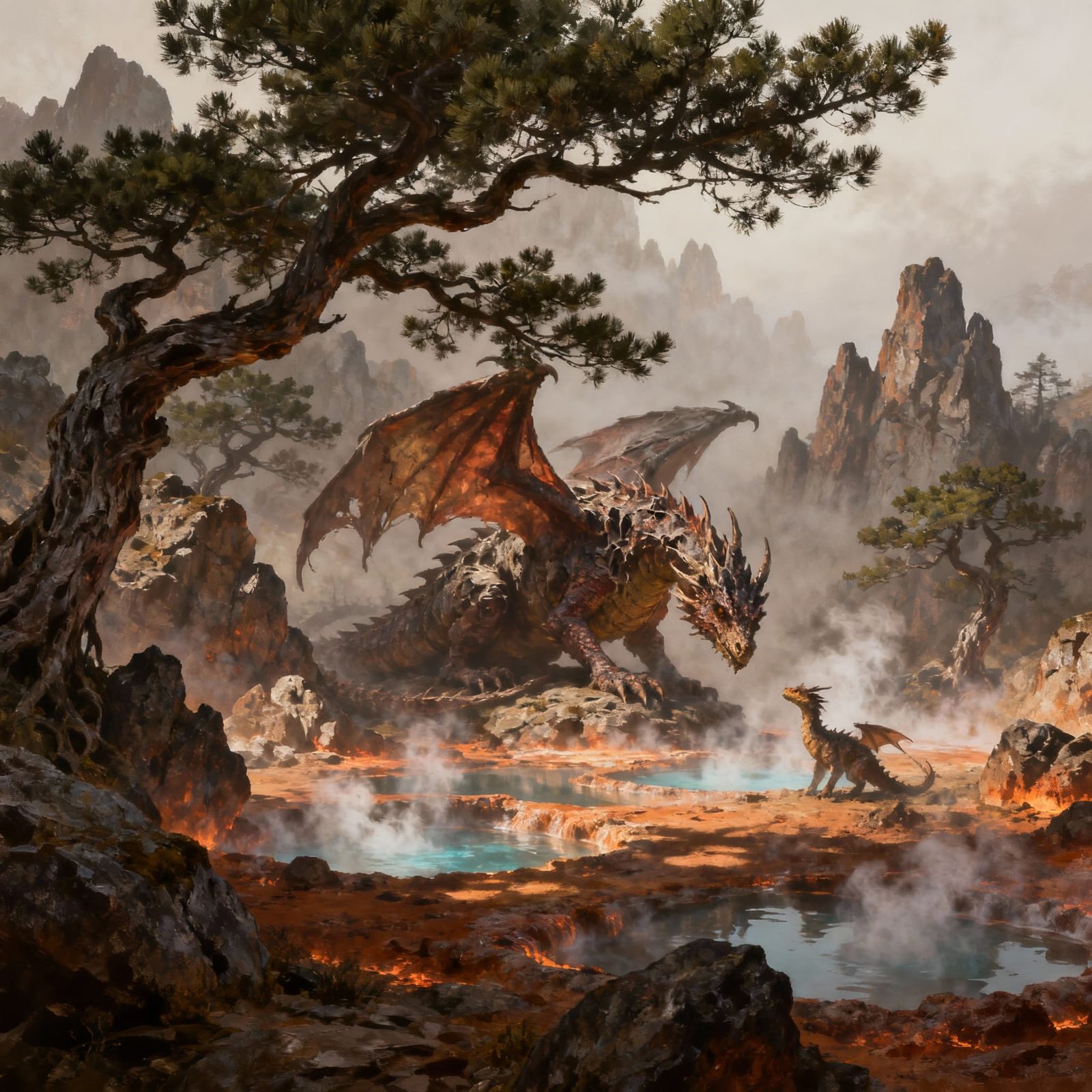 Dragon Hatchery Amidst Thermal Pools and Twisted Pines