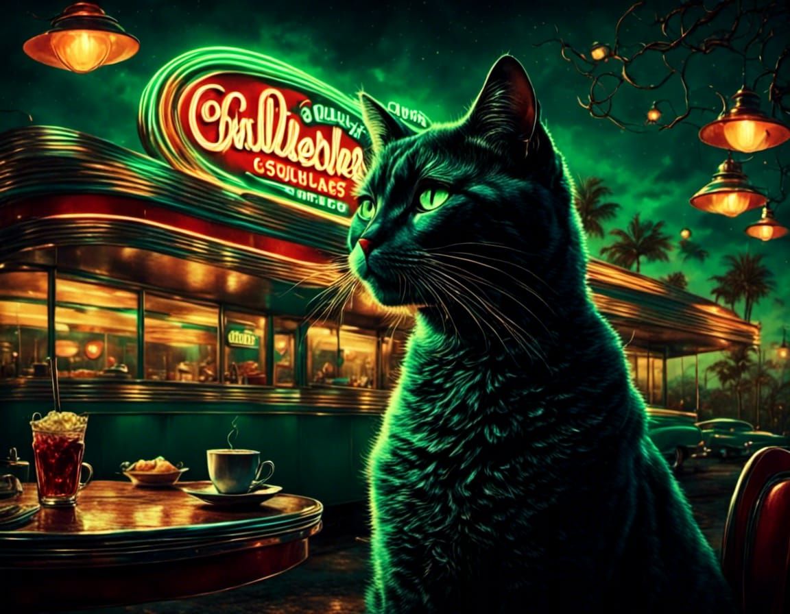 Retro Diner Cat in 80s Retrowave Style