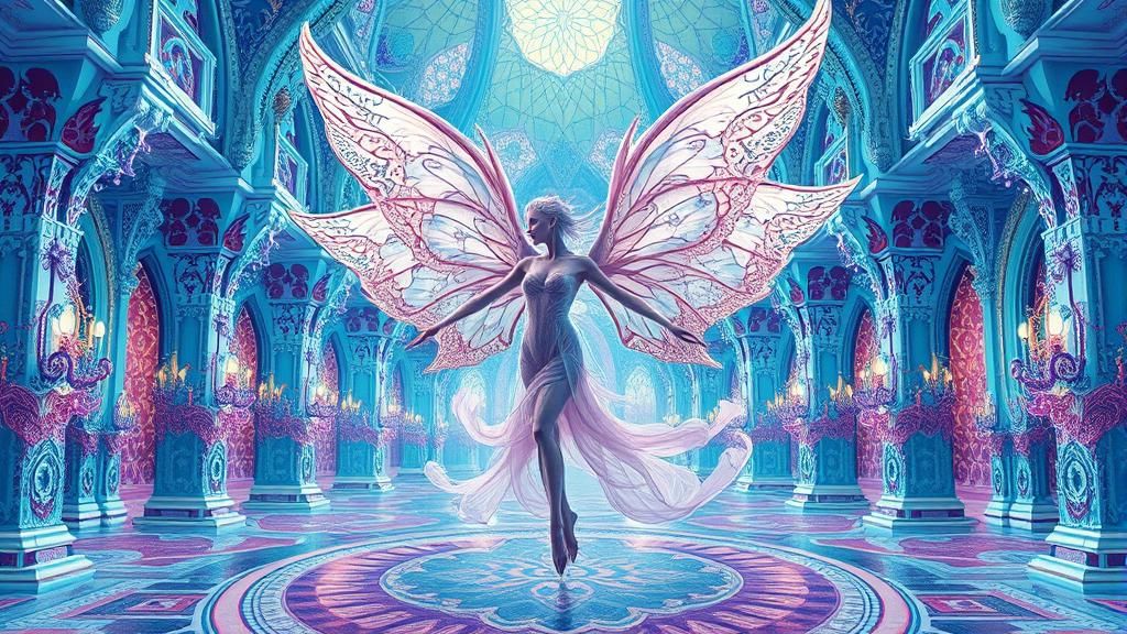Mystical Being in Crystalline Palace with Ethereal Dance