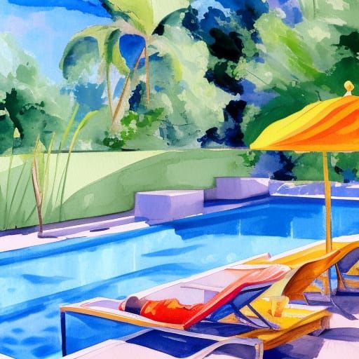 Lounging by the Pool: Gouache Impressionist Masterpiece