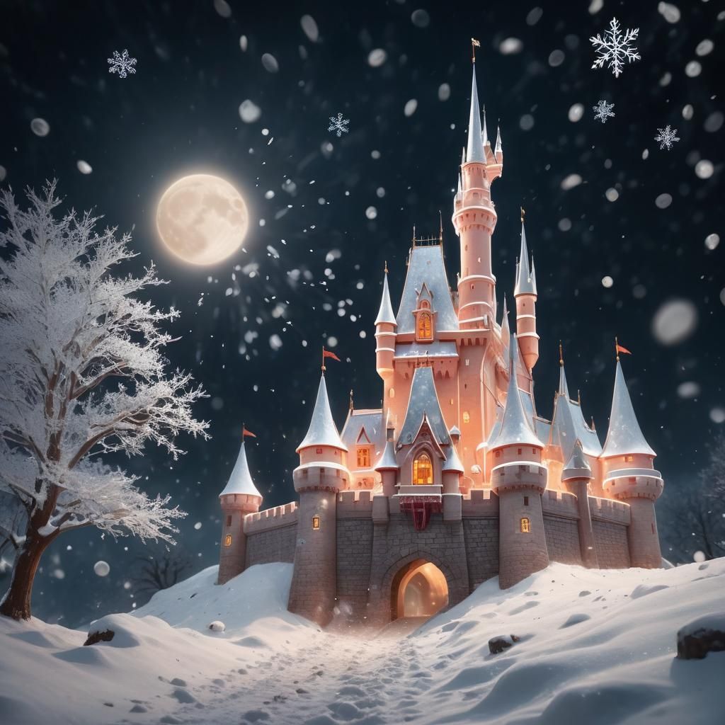 Christmas Castle in Snowfall with Bokeh Lighting