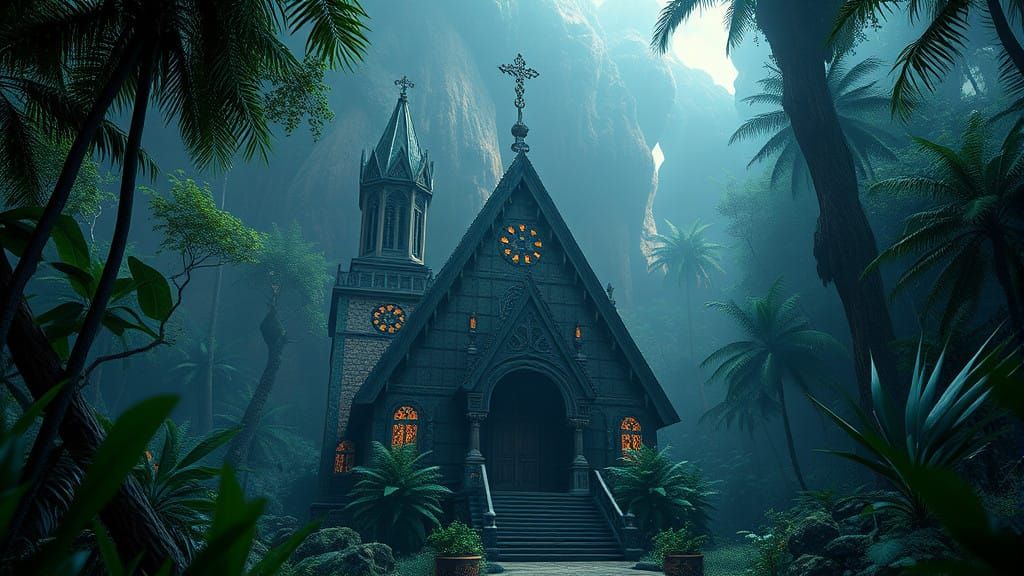 Ethereal Gothic Church Glows Amidst Rainforest Depths