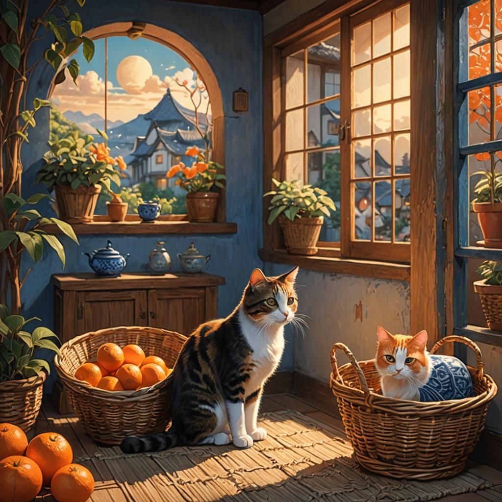 Cats Behind Basket in Whimsical Matte Painting