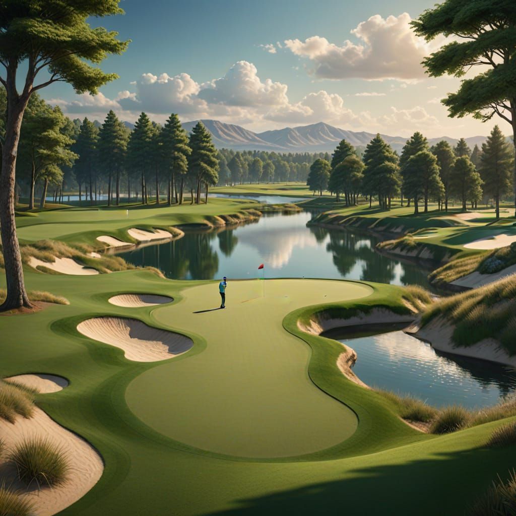 Golfer Putting on Picturesque Green: Fantasy Concept Art