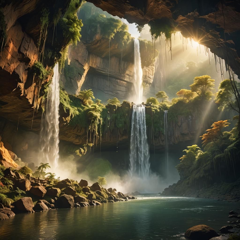 Sunlit Waterfall Cave: Cinematic Digital Painting