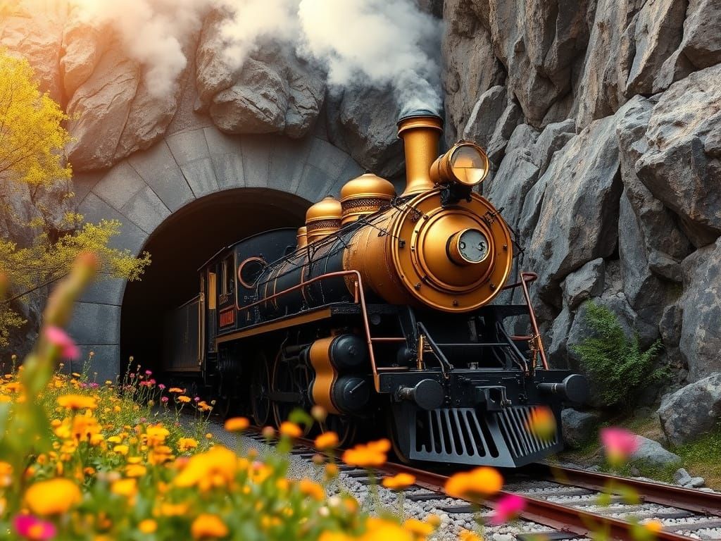 Vintage Steam Locomotive Emerges from Mountain Tunnel
