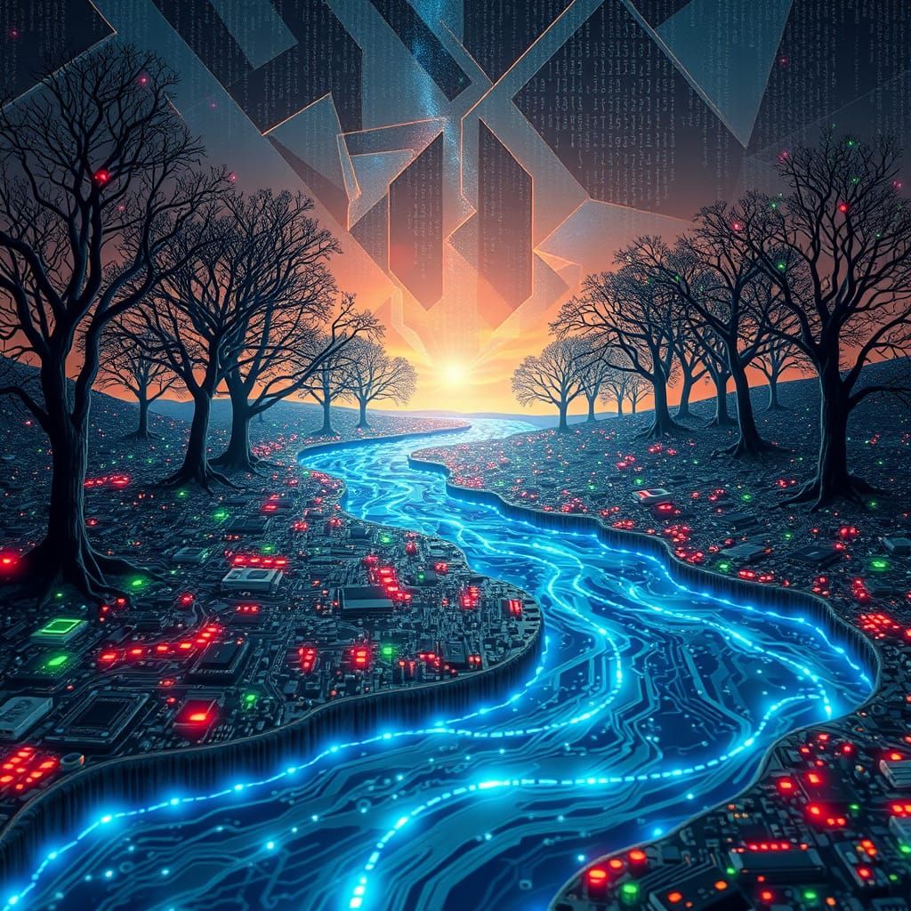Surreal Circuit Board Landscape with Data River