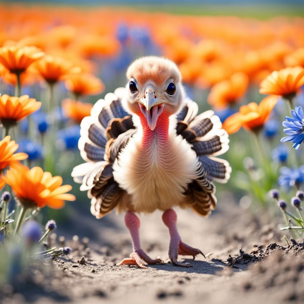 Adorable Baby Turkey in Blue Cornflower Field