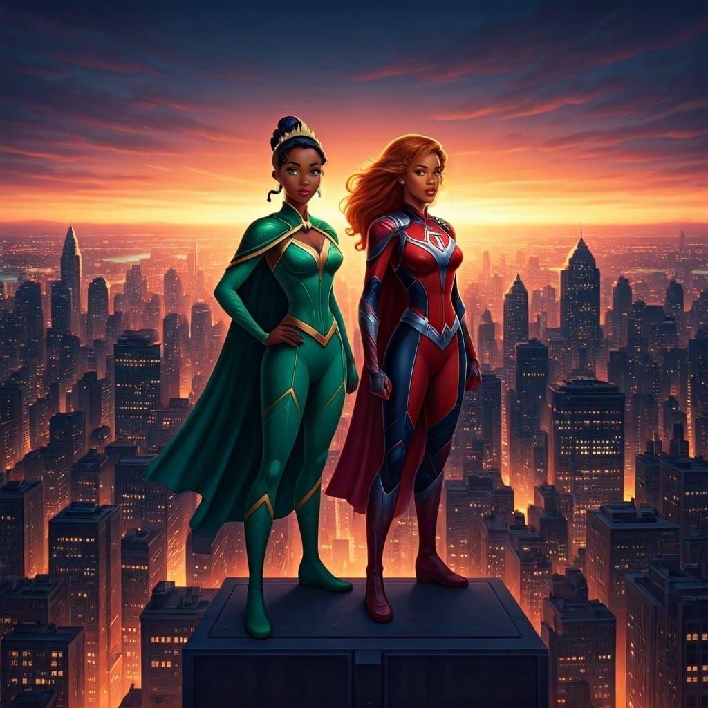 Disney Princess Superheroes Defend the City in Gouache Style