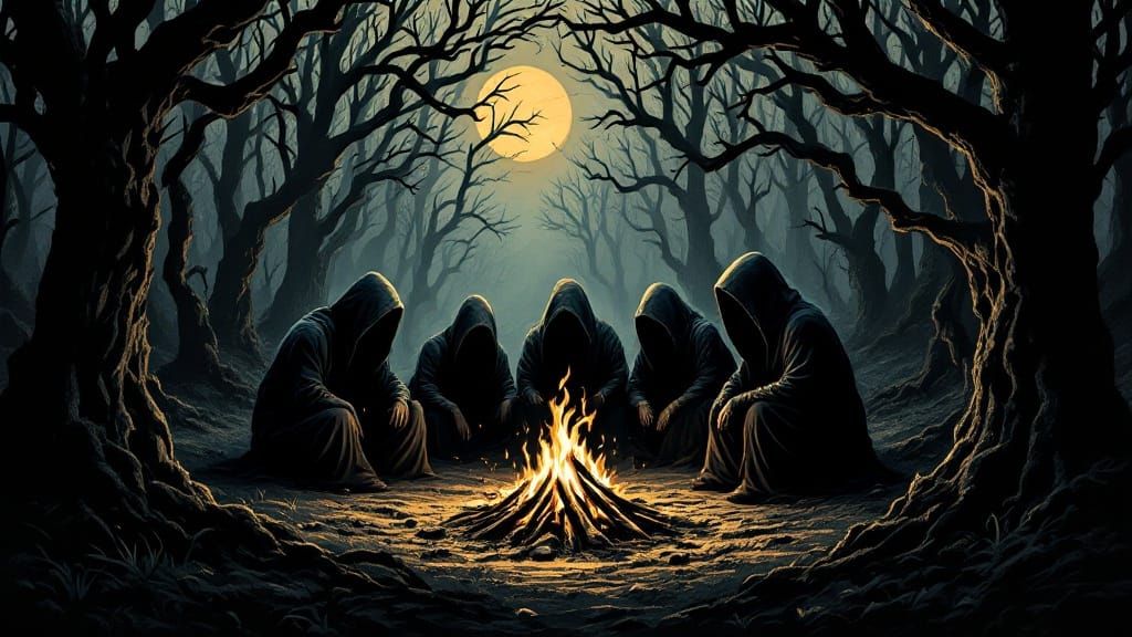 Eerie Bonfire in Expressionist Woodcut Style