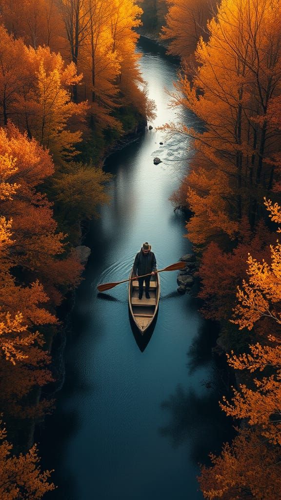 Autumn Forest Scene from Above: Golden Hues and Tranquil Riv...
