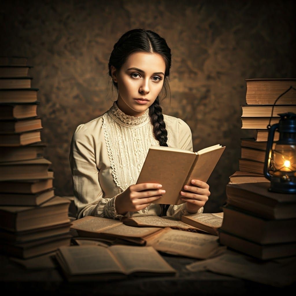 Contemplative Woman in Library, Dreamy Art Style