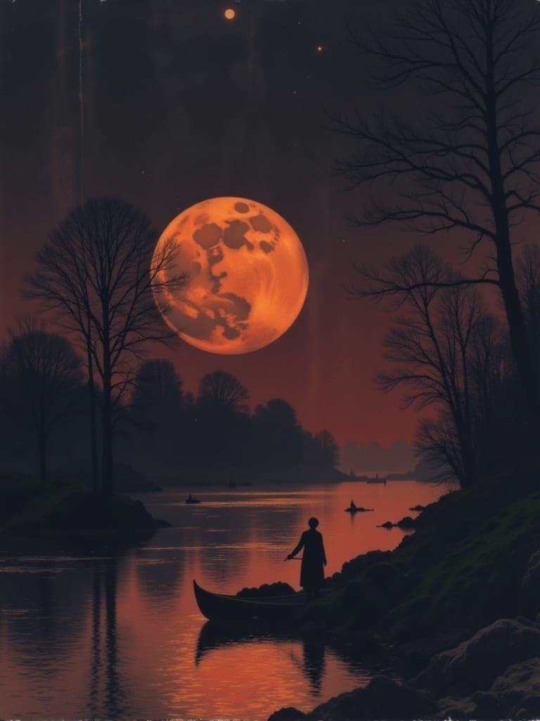 Charon Navigates Turbulent Styx Under Oversized Orange Moon