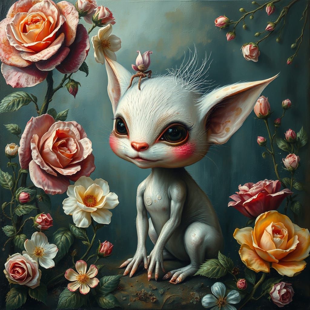 Surreal Portrait of a Whimsical Creature Amidst Flowers