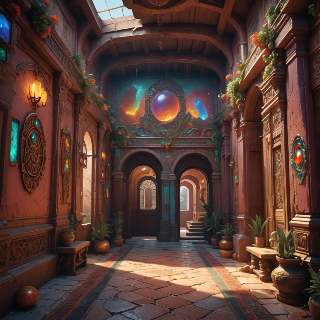 Fantastical Mexican Opal Hallway in Detailed Matte Painting