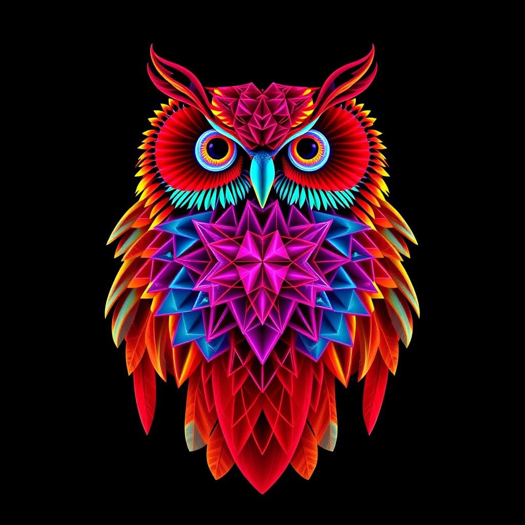 Symmetrical Owl Form in Vibrant, Psychedelic Patterns