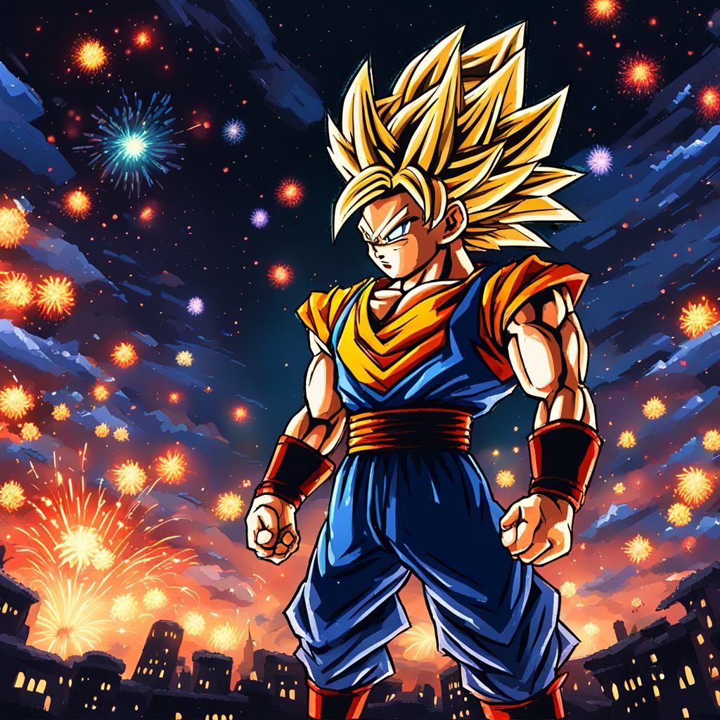 Epic Super Saiyan Soaring Through Fireworks Night
