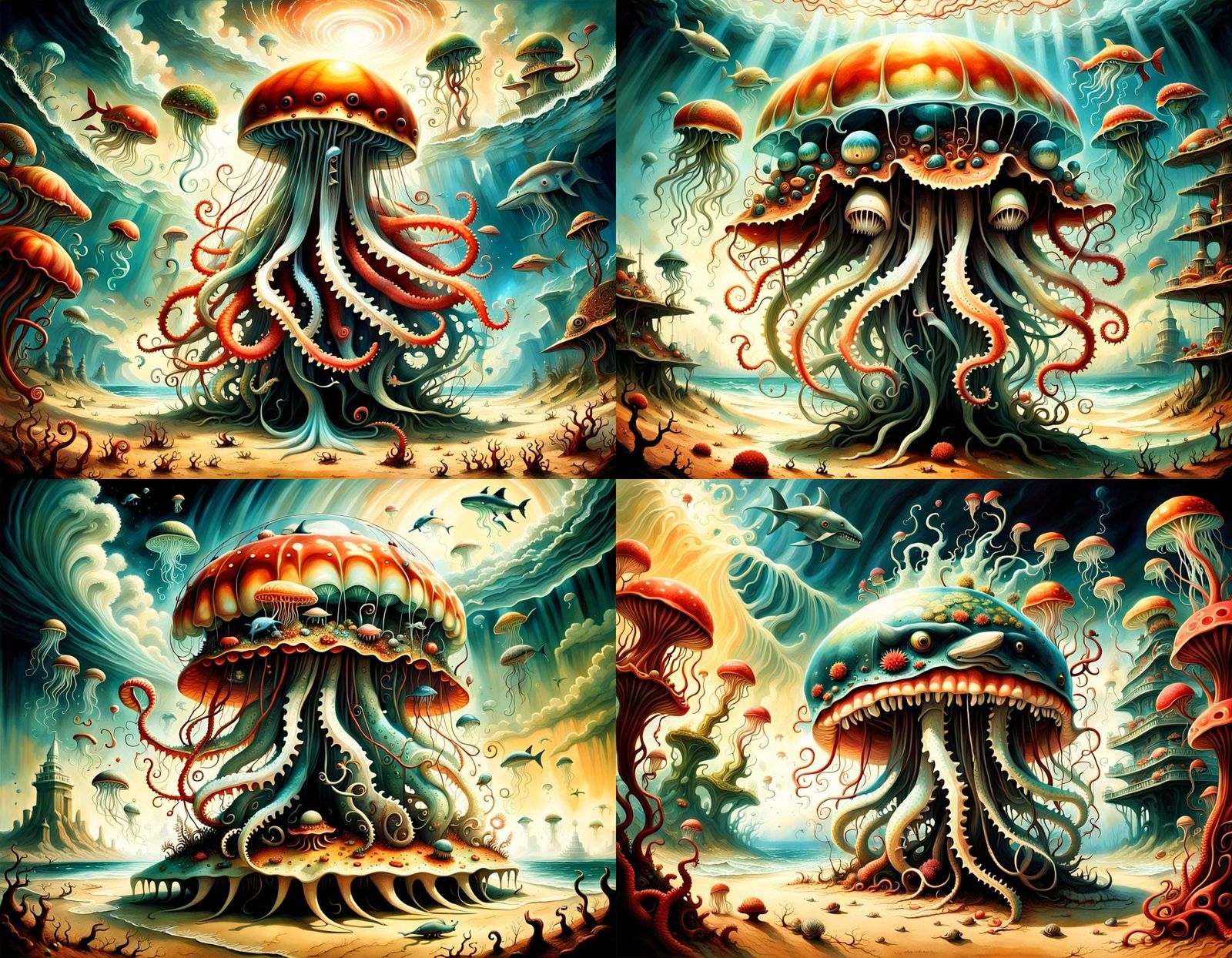 Surreal Jellyfish-Shark Hybrid in Fantasy Landscape