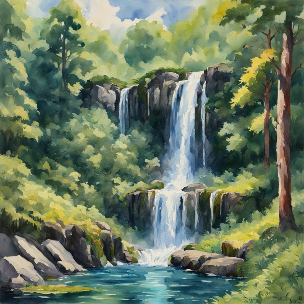 A majestic waterfall cascading down moss-covered rocks into ...