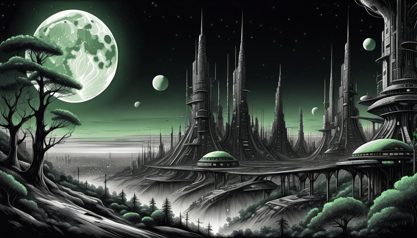 Noir Pen Drawing: Ancient Forest and Future City