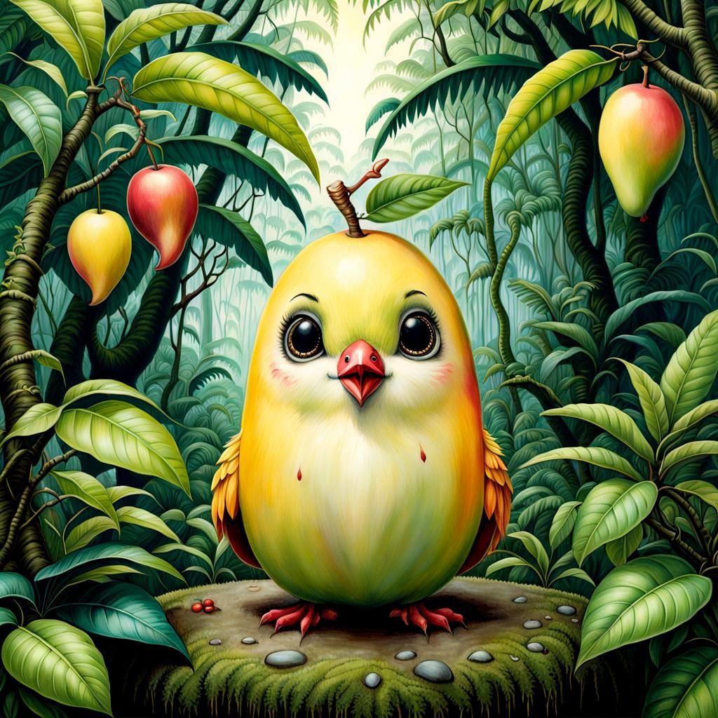 Anthropomorphic Mango in Rainforest, Surreal Ink Painting