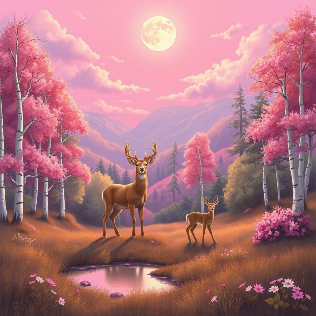 Pink Twilight Valley with Deer, Painterly Landscape