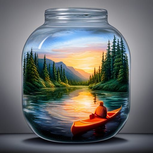 Hyperdetailed River Scene Inside Glass Jar