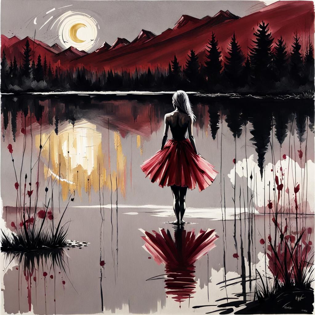 A woman dancer in a black tutu standing at the side of the lake overlooking a lake moonlight distant mountains and tre...